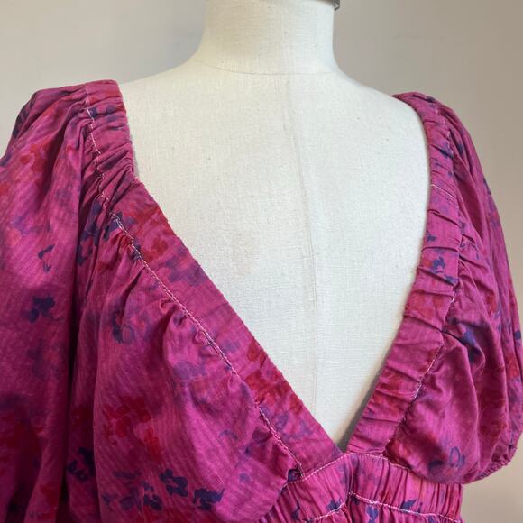 Abercrombie & Fitch 100% Cotton Babydoll Mini Dress Puff Sleeve Pink XL - Picture 5 of 7